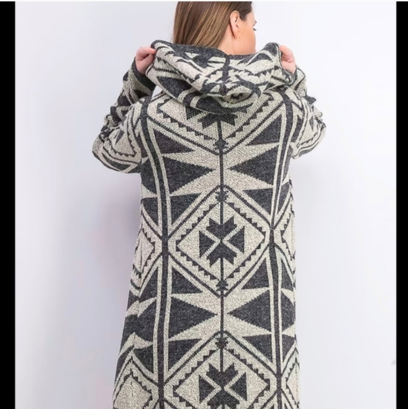 🩶 Debut Cotton Blend Long Line Open Front Hooded Geometric Aztec Cardigan, S/M - Picture 2 of 12